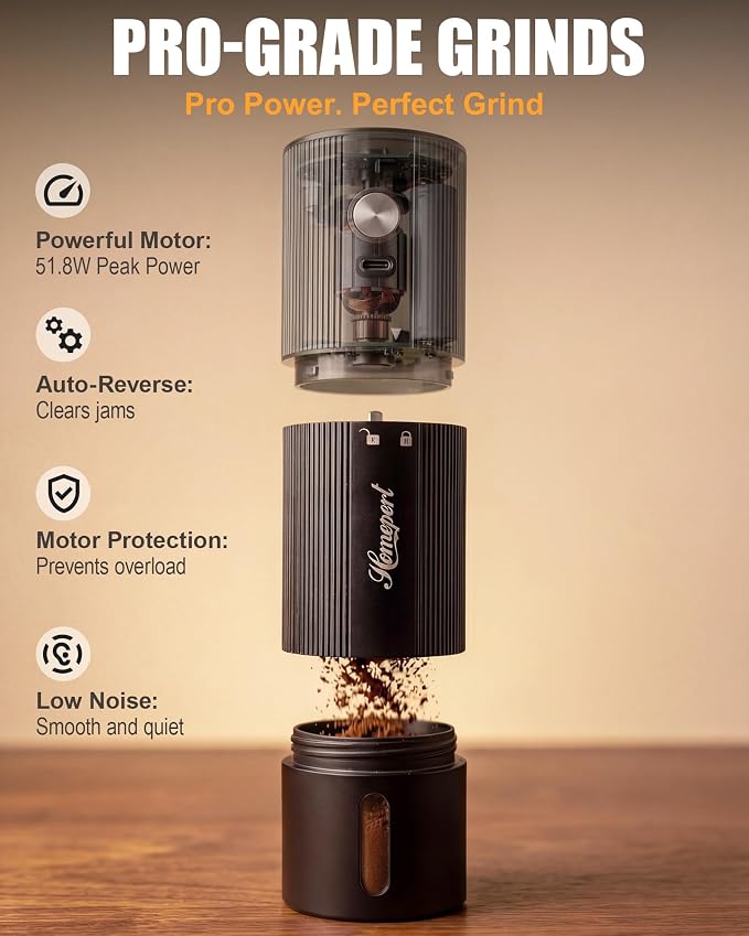 Upgraded Faster Electric Coffee Grinder, Stainless Steel Burrs, Black | Cordless Coffee Mill, 1600mAh Rechargeable Battery, 40 Setting for Pour-Over to Espresso, Portable for Camping, Travel