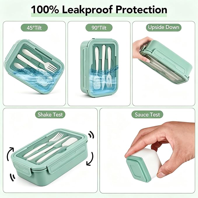 Bento Box 1100ml Lunch Container with Bag & Utensils & 2 Storage Bags Green | Leakproof, microwave safe, BPA-free. Includes insulated bag, fork & spoon, sauce cup, and 2 reusable storage bags for snacks