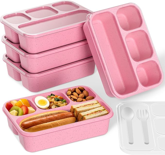 Bento Box 5-Pack, 4-Compartment Lunch Box for Women, Men & Kids, BPA-Free Wheat Straw Snack Containers, Ideal for Meal Prep, Travel, School, Work (Pink)