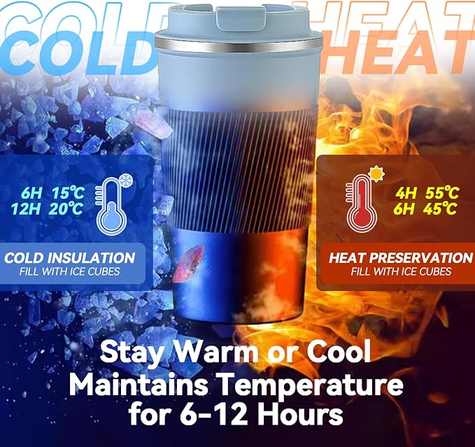 12OZ Travel Coffee Mug Insulated Coffee Cup with Spill Leak Proof Lid, Portable Stainless Steel Tumbler Reusable Hot and Cold Water Mug for Car, Daily, Camping- Light Blue