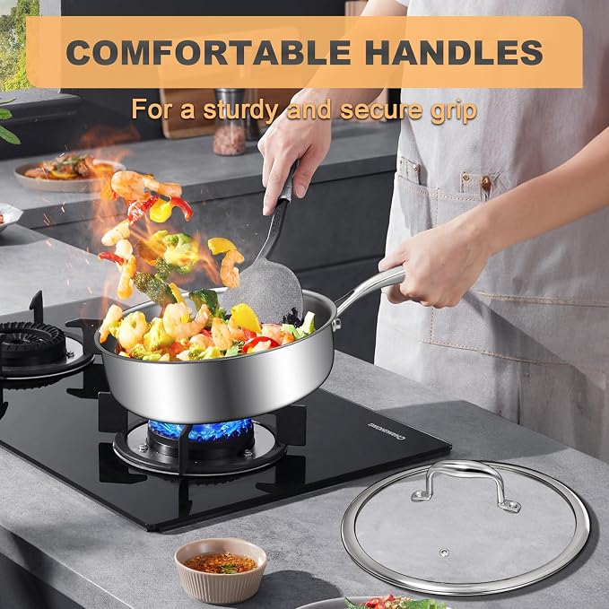 EWFEN Tri-Ply Stainless Steel Frying Pan 3QT, 10 Inch Deep Frying Pan with lids, Skillet, Induction Cooking Pan, Dishwasher and Oven Safe, Fast & Even Heat, Heavy Duty and Detachable Handle