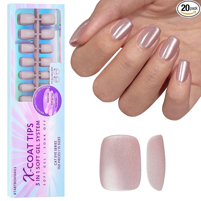 BTArtboxnails XCOATTIPS Cat Eye Press On Nails, Short Square, Falling Star | Lamp-Curable 4-Week Wear, Salon Quality Value at Home, Natural Nail Look, Easy-to-Apply for Beginners, 150ct Nail Tips Only