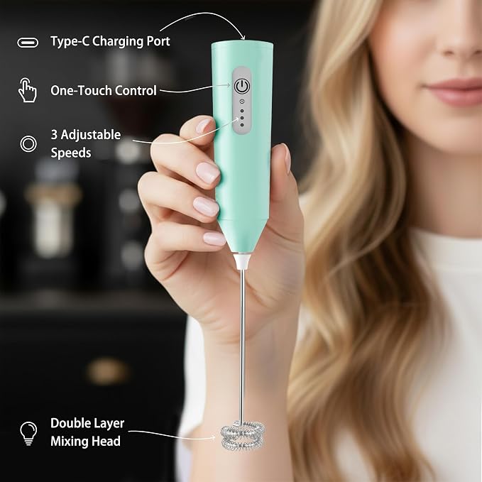 Puraville Rechargeable Electric Milk Frother Handheld, Light Green | 3 Speeds Electric Whisk Drink Mixer, Type-C Charging BPA Free for Coffee, Latte, Cappuccino, Egg,Cream