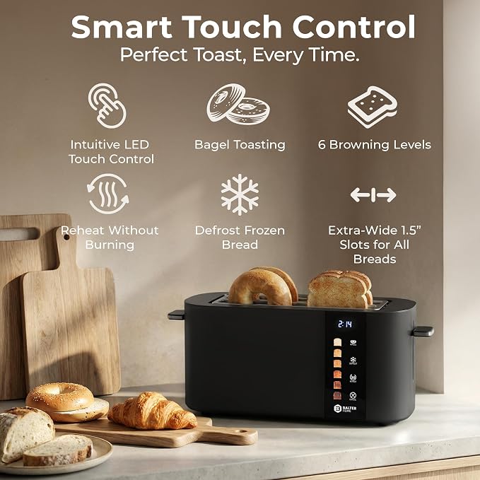 Balter Toaster 4 Slice Wide Slot, Bagel Function, Long Slot, Stainless Steel, Touch Screen, Built-in Rack, Extra-Wide 1.5" Slots for Thick Breads & Bagel, Timer, BPA-Free, Removable Tray, Black