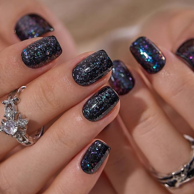 CurvLife Short Square Glitter Design Press On Nails, Midnight Prism Black | 32PCS, 16 Sizes, Salon-Quality Natural Fake Nails, Curved Fit, 7-14 Day Glue-On Wear, Reusable Stick-On Nails, Press-On Kit