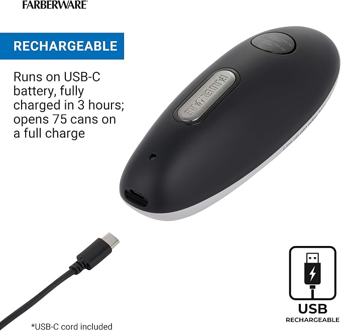 Farberware USB Rechargeable Electric Can Opener – Hands-Free Automatic Can Opener with Built-In Battery, Magnetic Lid Lifter, Compact Design, USB-C Charging Cord, Black