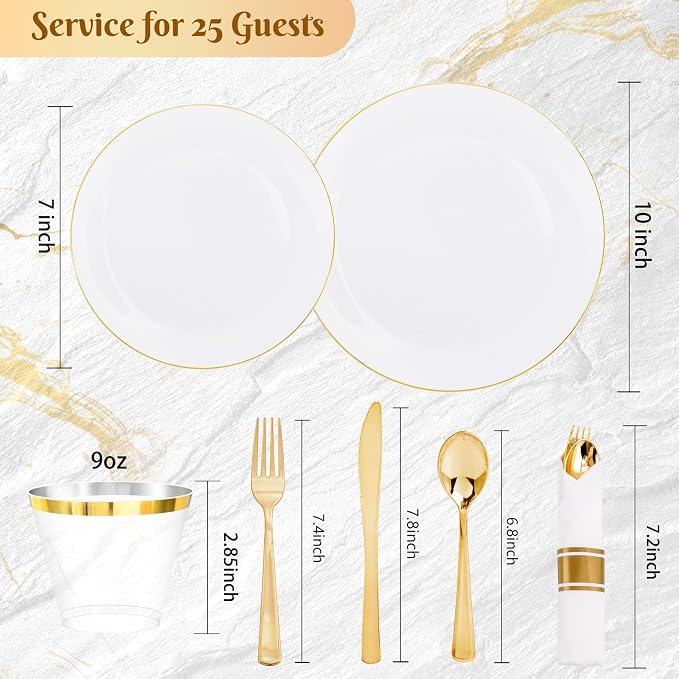 KIRE 175PCS Gold Plates Disposable - Heavy Duty White and Gold Plastic Plates Dinnerware Sets - 25 for Dinner 25 for Dessert 25 Pre Rolled Napkins and 25 Cups for Birthday/Wedding/Party