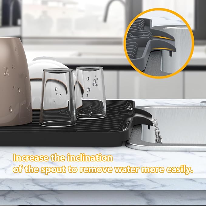 Silicone Dish Drying Mat for Kitchen Counter , Dish Drying Rack Matt with Built in Drain, 18 Inch dish Dry Mats for Kitchen Counter,Bumps up sinks Applicable (18×12inch Extra Raised, black)