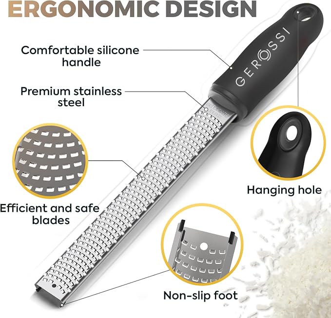 Stainless Steel Cheese Grater & Lemon Zester w/Extra Sharp Blade - Perfect for Lemon, Parmesan, Garlic, Chocolate - Spice Up any Dish in Seconds w/Your Premium Citrus Hand Grater with Handle - Black