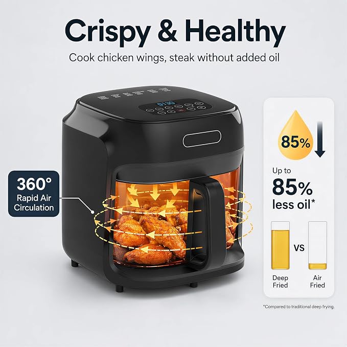 7.4QT Glass Air Fryer with Glass Basket, Black | Visible Window Lid, Digital Control, 360° Air Circulation, Oil-Free Cooking & Baking, Nonstick, Dishwasher Safe Easy Clean