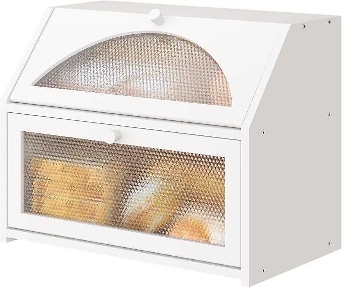 White Bread Box, Bamboo Wood Bread Box for Kitchen Counter, Double-layer Bread Storage Bin, Acrylic glass with Diamond Patterns (White, Large)