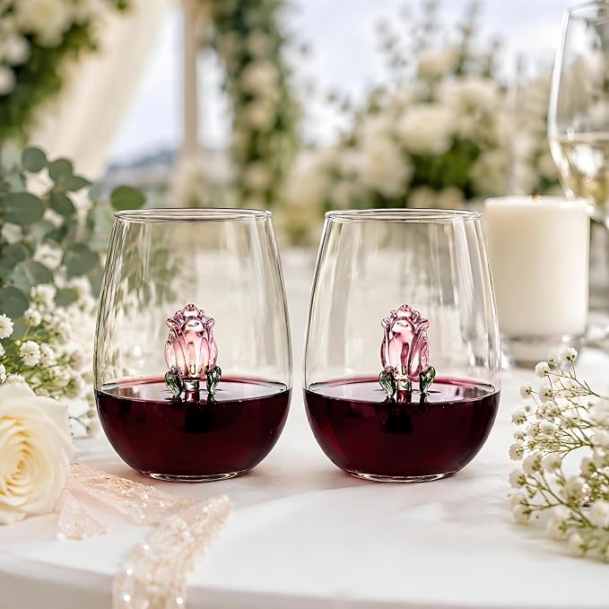 Pumtus Set of 2 Stemless Wine Glassware with Rose Inside, 20 OZ Large Stemless Floral Wine Glasses, Unique Short Wine Tumbler, Romantic Fancy No Stem Beverage Cup for Lover Gift, Wedding, Bar