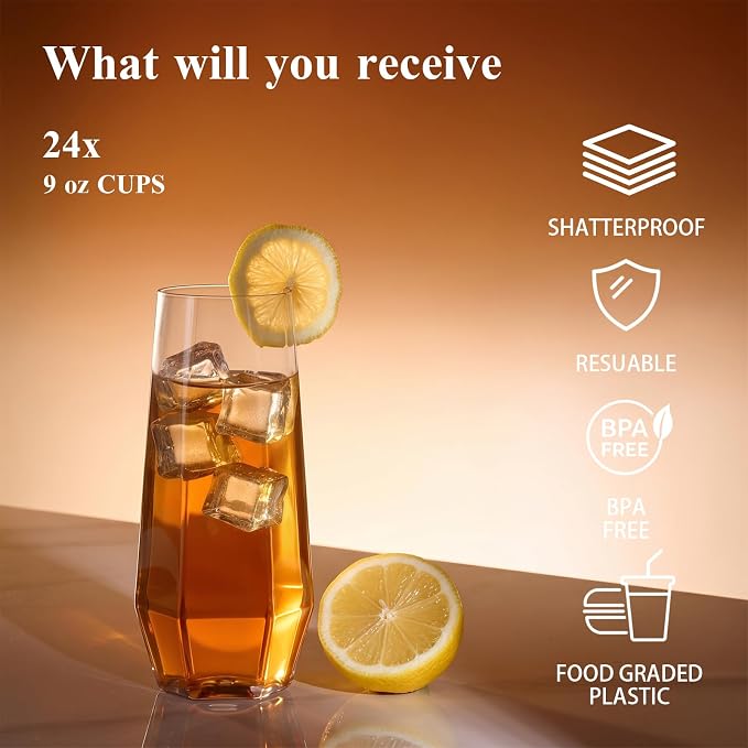 BESTSTAR 48 Pack Clear Plastic Wine Glasses Set BPA-Free Shatterproof | 24 9 OZ Stemless Champagne Flutes & 24 12OZ Diamond Wine Whiskey Glasses, Clear Drinkware for Weddings, Parties & Events