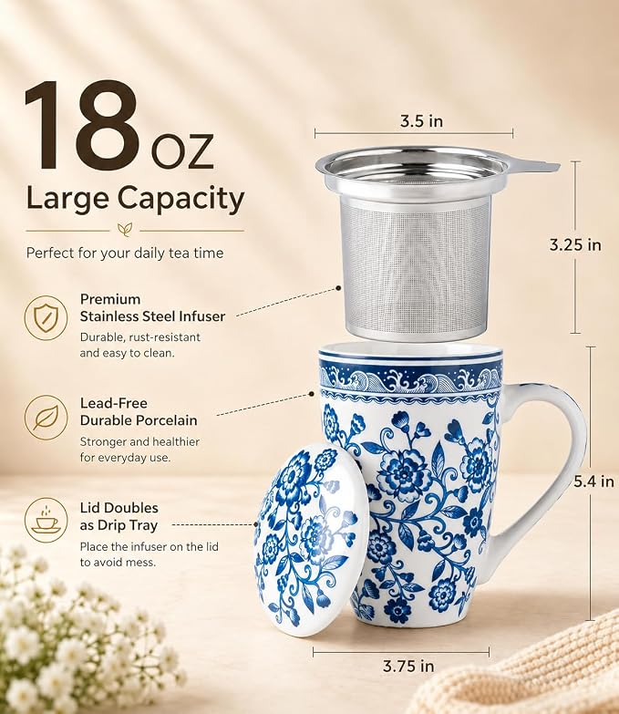 AmorArc Tea Cup With Infuser and Lid, 18oz Loose Leaf Tea Mug With Steeper | Porcelain Tea Mug With Infuser and Lid, Strainer Tea Cup for Tea Lovers, Home & Office, Housewarming Birthday Gift