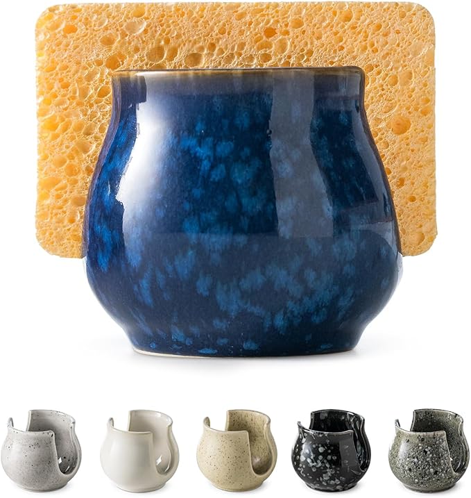 Zoeeker Ceramic Sponge Holder, Kitchen Sink Scrubby Caddy Organizer Dish Sponge Dish Rack for Scrubbers, Bathroom, Sink, Blue | Dish Brush Holder Sponge Organizer Cute Scrubby Caddy for Kitchen, Bathroom, Sink, Countertop, Farmhouse Kitchen Decor, Blue