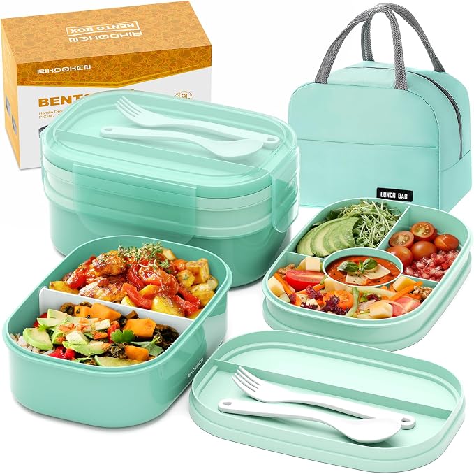 RIKDOKEN Bento Lunch Box, Stackable 2 Layers Containers with Compartments, Portable 64OZ Large Capacity Leakproof Bento Box with Spoon & Fork & Lunch Bag, Microwave Safe Lunch Box for Kids and Adults