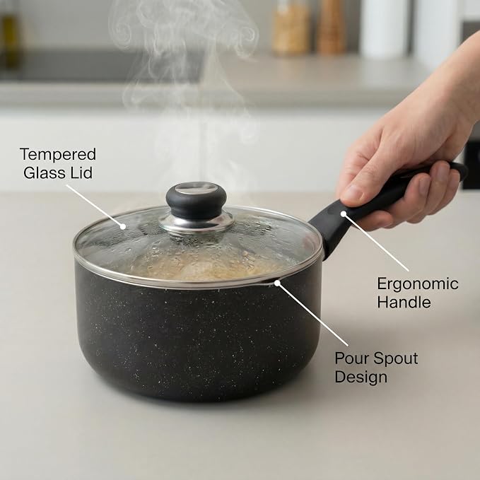 8-Inch Nonstick Sauce Pot with Tempered Glass Lid, Small Induction Saucepan for Soups, Pasta, Rice, Grains & Everyday Cooking, Aluminum Stovetop Pot