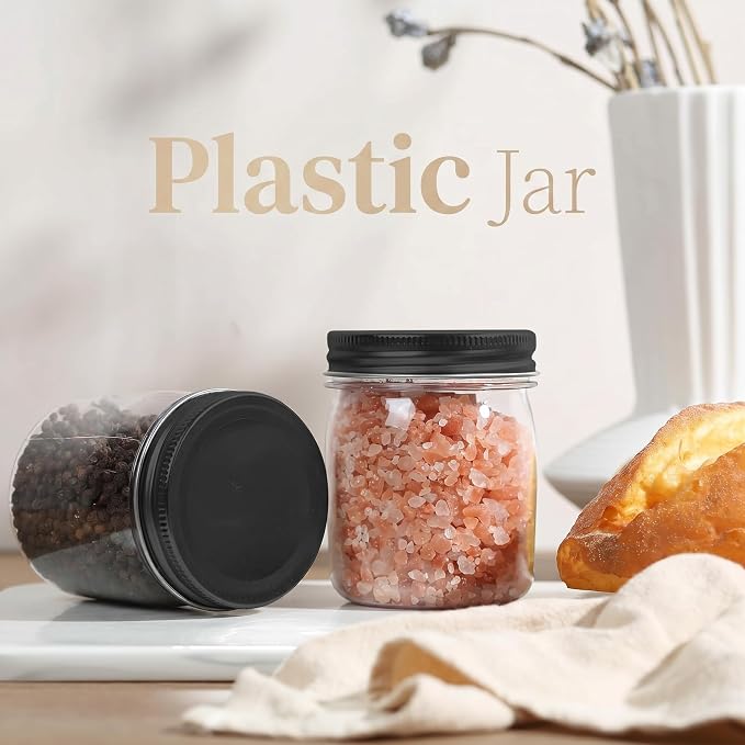 novelinks 8 oz Plastic Mason Jars and Clear Plastic Jars with Lids 8 oz | 24 Pack, Black, Plastic Containers with Lids, Small Mason Jars, Clear Jars Bulk, Spice Jars, Slime Jars, Mini Jars