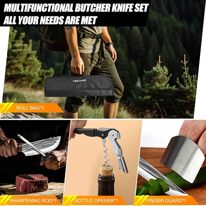 Butcher Knife Set, Hand Forged Kitchen Chef Knife Set with Roll Bag | High Carbon Steel 14PCS Meat Cleaver Knife, Bone Chopper Knives, Fillet Knives for Kitchen, Camping Outdoor BBQ, Gift for Men