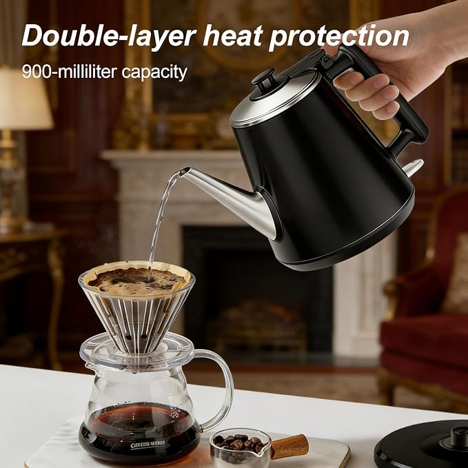 Small Gooseneck Electric Kettle 0.9L, 1000W 304 Stainless Steel | BPA Free, Auto Shut-Off & Boil-Dry Protection, Easy to Use, Vintage Design Tea Kettle Fast Boiling for Home Office Dorm RV