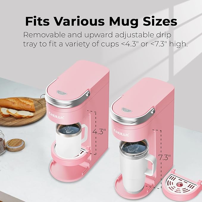 CHULUX Slim Single Serve Coffee Maker for K Cup, Compact Size, Salmon Pink | Fast-Heating Boiler System, 4-Hole Needle for Richer Flavor, Adjustable Drip Tray for 7.3" Travel Mug, Food Grade Material