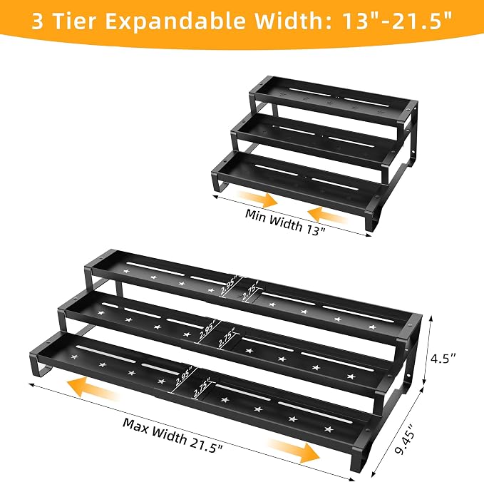 2 Pack Spice Rack Organizer for Cabinet, 13-21.5" Expandable Spicy Shelf | 9.45" Depth 3-Tier Black Metal Seasoning Organizer, Kitchen Spice Organization, Slip-Resistant Guardrails for Jars and Cans