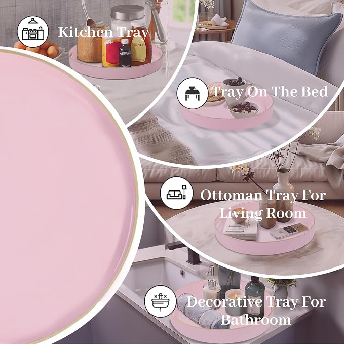 13" Pink Decorative Tray, Plastic Round Serving Tray with Handles | Decorative Tray for Coffee Table, Modern Ottoman Tray, Circle Tea Tray, Round Melamine Tray for Living Room, Bathroom