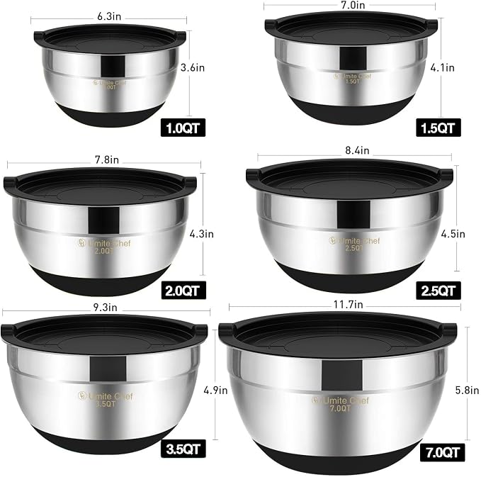 Umite Chef Mixing Bowls with Airtight Lids，6 piece Stainless Steel Metal Nesting Storage Bowls, Non-Slip Bottoms Size 7, 3.5, 2.5, 2.0,1.5, 1QT, Great for Mixing & Serving(Black)