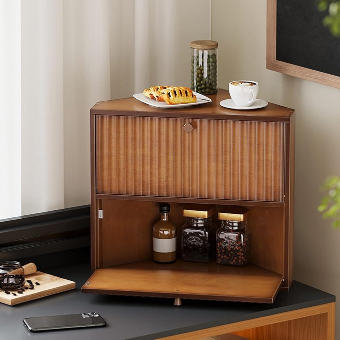 Trironsun Corner Bread Box for Kitchen Countertop Bamboo Two Layer Large Capacity Bread Storage Bin Vintage Storage for Homemade Bread (Brown)