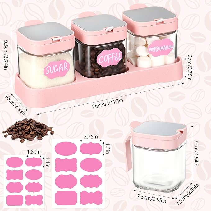 3 Pcs Glass Coffee Containers Coffee Station Organizer Set, Airtight Bean Storage Jars with Shelf,labels,spoon, Base and Pen,for Sugar, Candy, Oats, Nuts (Pink)