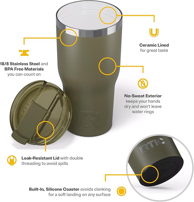 RTIC 30oz Essential Tumbler with Lid, Ceramic Lined, Olive | Insulated, Stainless Steel Metal, Portable Travel Cup for Hot and Cold Drinks, Coffee, Car, Camping and Travel