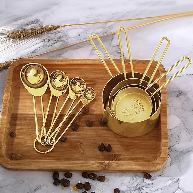 Gold Measuring Cups and Spoons Set, 8 PCS Metal Measuring Cups and Stainless Steel Measuring Spoons Set for Kitchen