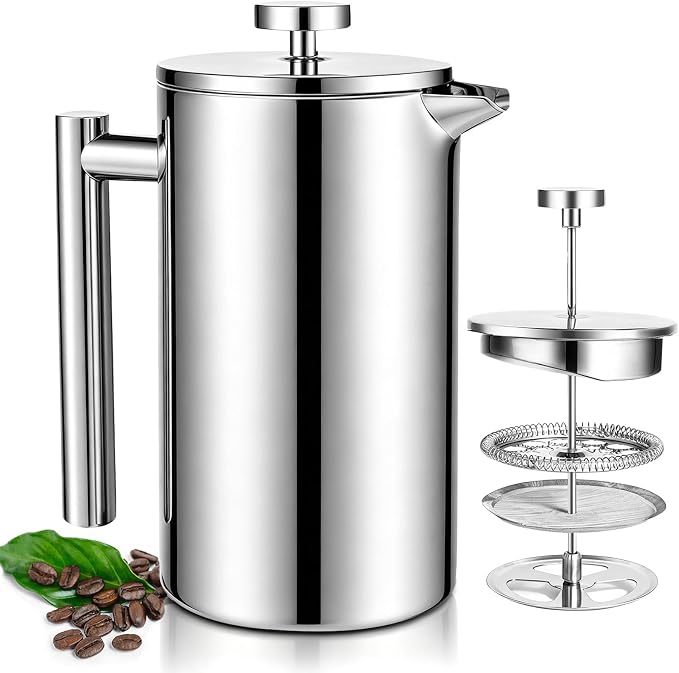 304 Thickened Stainless Steel 800ml French Press 27.05oz Moka Pot | Coffee Maker French Coffee Presses Cold Brew Cafetera Tea pot for Home & Camping Gifts Decor Bar Accessories Silver