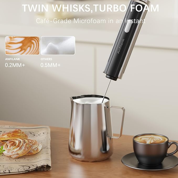 Anfilank Handheld Milk Frother Wand with Folding Stand, Rechargeable Electric Whisk with 3 Speeds & 3 Stainless Heads, Milk Foam Maker with Stand for Latte, Cappuccino, Hot Chocolate, Egg