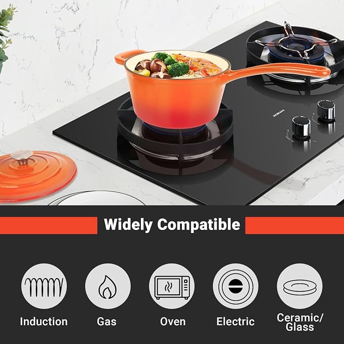 Enameled Cast Iron Sauce Pan, 2 Quarts Round Sauce Pot with Lid, Mini Dutch Oven Enamel Saucepan for Cooking Pasta Sauce, Marinate, Cook, Refrigerate and Serve, Flame Orange