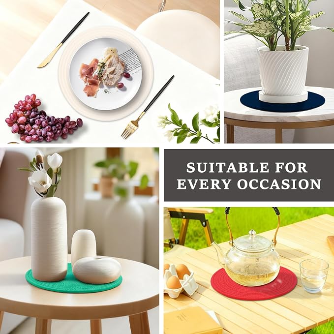 Round Placemats Set of 6, Cotton Rope Woven Table Mats, Hot Pads for Kitchen, Non Slip Heat Resistant Place Mats, 13 Inches Braided Placemat for Farmhouse Decor and Kitchen Table Decor (Navy Blue)
