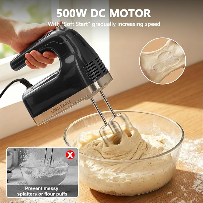 Lord Eagle 9-Speed Digital Hand Mixer Electric Handheld, 500W DC Motor | Kitchen Mixer for Cake Baking, Lightweight Egg Beaters with Stain-resistant & Waterproof Storage Bag & 6 Accessories, Black