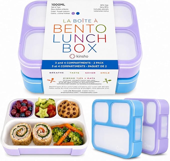 Bento Lunch Box for Kids or Adults, Snack Containers for Boys, Girls, School Daycare Work, 3 & 4 Divided Compartments Meal Planning Portion Control, BPA-Free Boxes, Utensils | Blue Purple 2 Pack