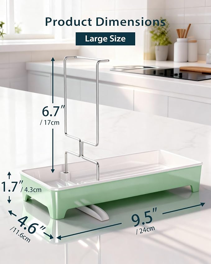Minimalist Sink Caddy, Rustproof Sponge Holder for Kitchen Sink Green | Large Rustproof countertop organizer with 304 stainless steel brush holder, raised ridges and silicone drain tube