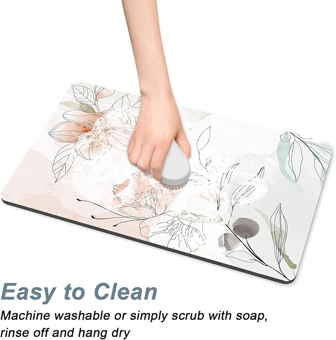 Rnivvi Coffee Mat, 12" x 19" Cute Coffee Bar Mats for Espresso Machine Station Accessories and Organizer, Hide Stain Rubber Backed Absorbent Dish Drying Pad for Kitchen Counter, Watercolor Flowers
