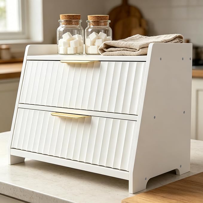 Large Bread Box, White, Double Layer Wooden | Top Shelf, Countertop Organizer Cabinet, For Bread & Coffee Station, Kitchen Essentials Storage