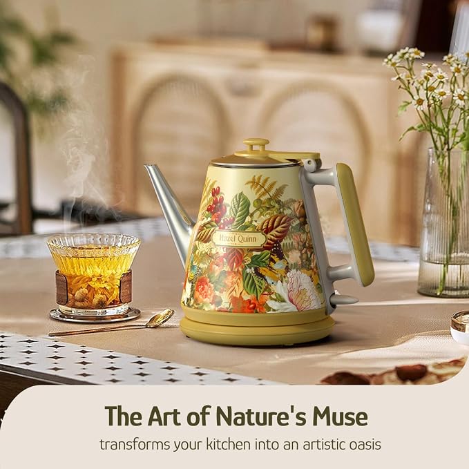 Hazel Quinn X Eduardo Recif Electric Kettle 1L/34oz Small Tea Kettle Floral | 800W Fast Boil, 304 Stainless Steel Interior, Double-Wall Cool Touch, Gooseneck Spout, Auto Shut-Off, BPA-Free Cordless, Home