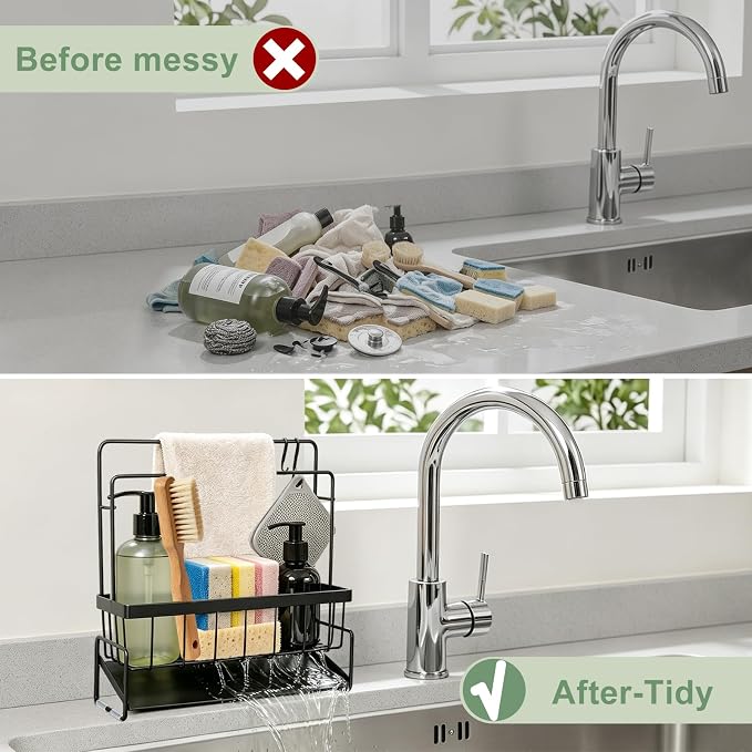 Sponge Holder for Kitchen Sink, Sink Caddy with Towel Bar & Wall Mount Hooks, Kitchen Organizer Storage Rack for Dish Sponge, Soap, Brush, Rustproof Stainless Steel, No Drilling Adhesive Design