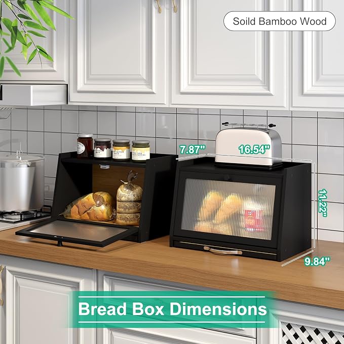 kiplant Bread Box with Cutting Board, Bamboo Bread Box for Kitchen Counter, Bread Storage Container with Wavy Arcylic Transparent Door (Black)