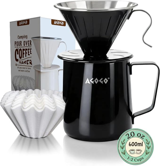 AGOGO Stainless Pour Over Coffee Maker Set, 50 Paper Filters, 20oz, Black | Unbreakable carafe for kitchen RV camp and office, includes barista towel, lead-free food grade 304 stainless steel