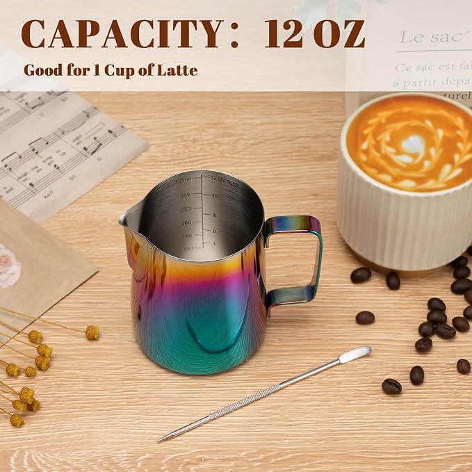 Amrules Milk Frothing Pitcher, 12 oz Milk Frother Cup with Clear Scale, 304 Stainless Steel Cappuccino Espresso Machine Accessories for Barista Coffee Bar with Latte Art Pen, Multicolor