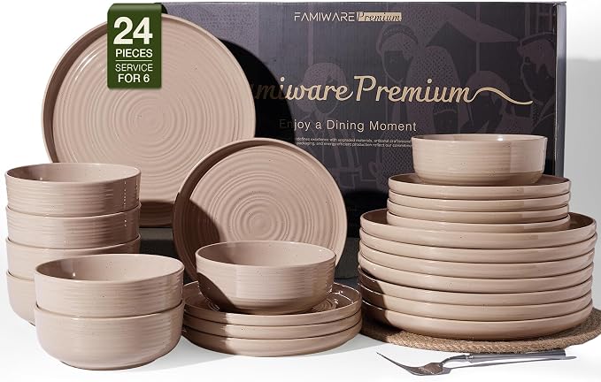 Stoneware Dinnerware Sets for 8, Plates and Bowls, Brown | 24-Piece Ceramic Speckled Spiral Dishes, Chip & Scratch Resistant, Microwave & Dishwasher Safe, Everyday Use, Farmhouse Style