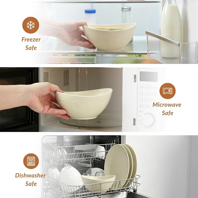 Unbreakable Cereal Bowls Wheat Straw Bowls Set 26 OZ Plastic Bowls Alternative for Kitchen 6 PCS Resuable Dessert Bowls for Party,New Home,Dorm Microwave & Dishwasher Safe-Beige