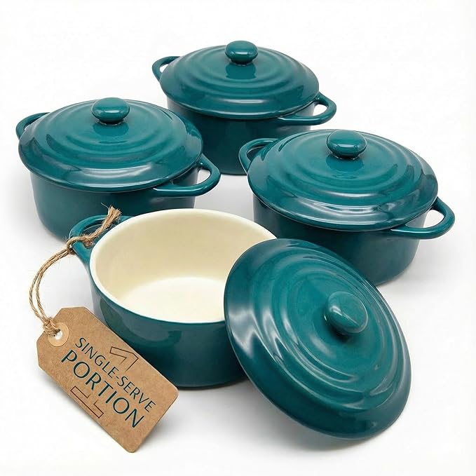 Kook Ceramic Mini Cocotte Set, Small Casserole Dishes with Lids and Handles, Individual Baking Ramekins, Oven Safe 350F, Microwave & Dishwasher Safe, Stoneware, 12 oz, Set of 4, (Aqua Ombre)