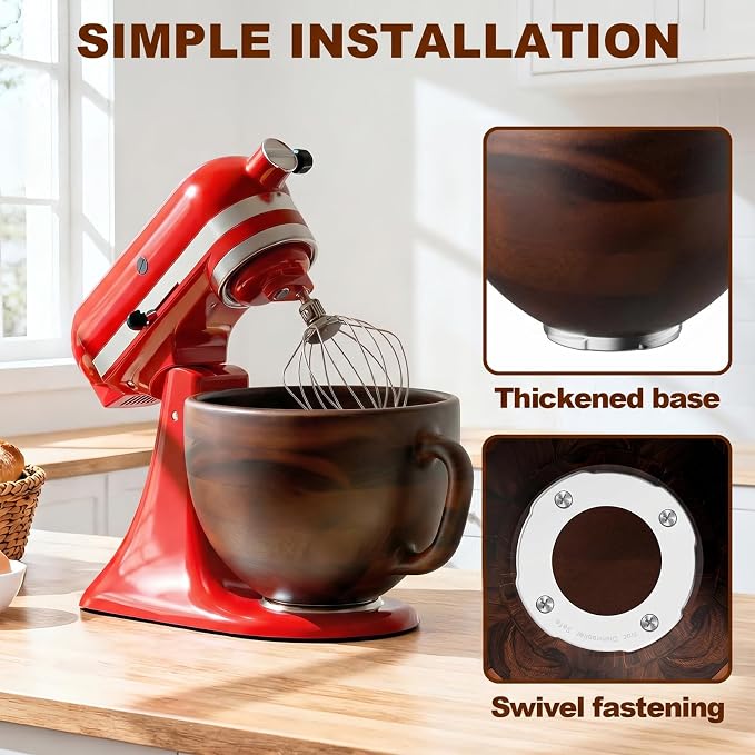 Cofun Premium Wood Mixing Bowl for KitchenAid 4.5-5 Qt Stand Mixers | Natural True Wooden Bowls, Wooden Bowl for KitchenAid with Stainless Steel Locking Base, Handle